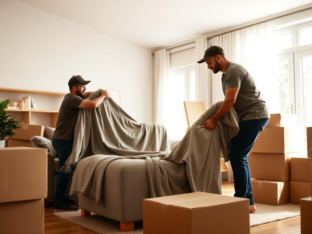 Movers wrapping a sofa in protective blankets